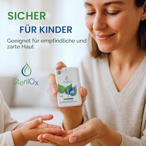 SterilOx 3 × 20 ml – Hygiene-Spray auf Basis von Hypochlorsäure (HOCl), ohne Alkohol, zur Handreinigung und Zubehör, Mini-Pack für Zuhause und Reisen