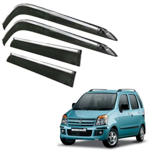 Image of CAR SAAZ Side Door Visors for WagonR (1999-2010)(Set of 4Pcs) | Chrome Lined Rain Guards, Polycarbonate, Smoke Finish