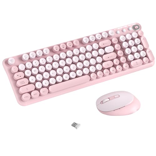 COVEVA Wireless Keyboard and Mouse Combo 2.4GHz USB Receiver Plug and Play Retro Full Size Typewriter Keyboard and Wireless Mouse for Computer Laptop Windows Mac and PC (Pink)