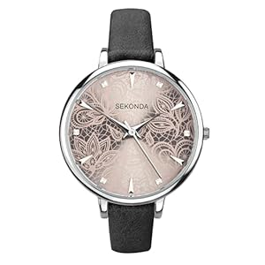 Sekonda Editions 37mm Ladies Silver Case Watch Grey Lace Patterned Dial Three Hand Analogue Quartz with PU strap