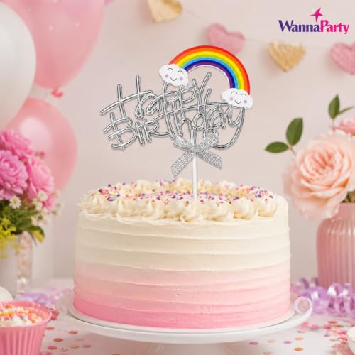 Image of Wanna Party Happy Birthday Rainbow Cake Topper, Silver Script Design with Cloud Rainbow & Bow, Birthday Cake Decoration Pick for Kids, Adults, Party Cakes & Dessert Table - 1PC