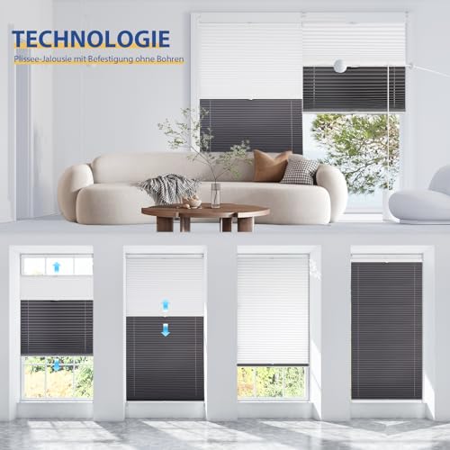 Sekey Plissee Doppelplissee Day+Night Verdunkelung ohne Bohren verspannt Lichtschutz, Klemmfix, 75x200cm Weiß und Grau – Ansicht 5