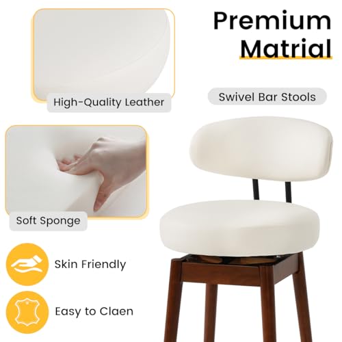 Image of COCO DESIGN White Counter Height Bar Stools Set of 2, 26 inchSwivel Chairs | Upholstered Faux Leather, Solid Wood Legs, Modern Mid Century Chairs for Kitchen Island