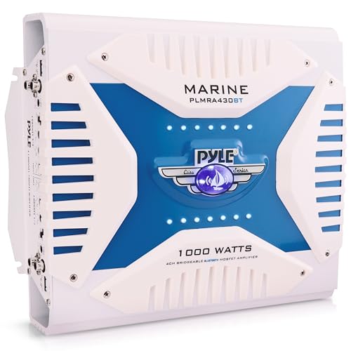 2.1 Bluetooth Marine Amplifier Receiver - Waterproof 4 Channel Wireless Bridgeable Audio Amp for Stereo Speaker with 1000 Watt Power Dual MOSFET Supply, GAIN Level and LED Indicator - Pyle PLMRA430BT