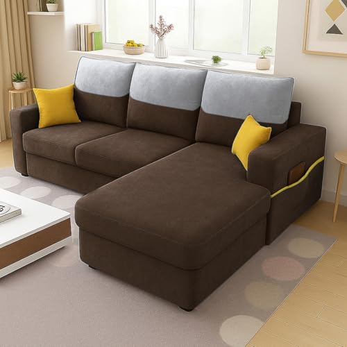 Image of Furny Tokiaa 4 Seater Fabric RHS L Shape Sofa Set (Brown) | Soft Velvet Fabric | Modern Design | Comfortable Seating | Living Room Furniture