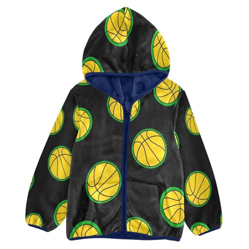 Basketball Pattern on Black Toddler Fleece Jacket Girl Boys Hooded Fleece Jacket Coat Warm Outwear Zip-up 3-10T