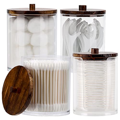 Tbestmax 4 Pcs Qtip Holder Dispenser - 10 oz, 12 oz Restroom Bathroom Organizers and Storage Containers, Clear Plastic Apothecary Jars with Bamboo Lids for Cotton Ball, Cotton Swab, Floss