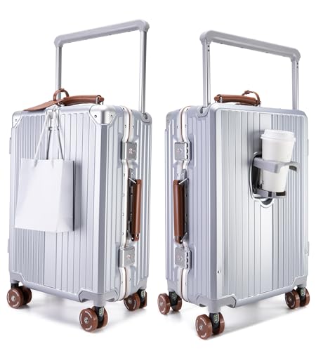feilario 24in Aluminum Frame Wide Handle Hard Shell Carry On Suitcase - Vivid Colors Double Spinner Wheels Airline Approved Rolling Luggage with TSA Lock & Cup Holder (Silver, 24in)