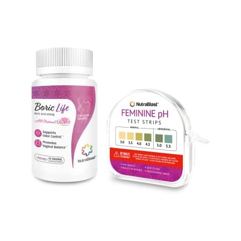 NutraBlast Boric Acid Vaginal Suppositories 600mg (30 Count) w/Feminine pH Test Strips 3.0-5.5 (100 Tests Roll) | Monitor Intimate Health | Accurate Women’s Acidity & Alkalinity Cover