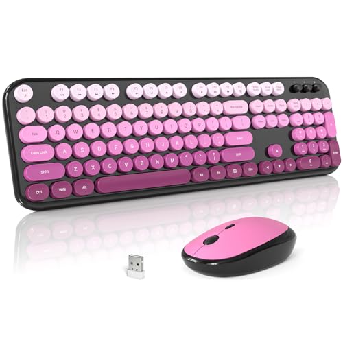 MOFII Wireless Keyboard and Mouse Combo, Cute Keyboard Full Size and Wireless Mouse, 2.4GHz Retro Typewriter Keyboard Mouse Set for PC/Desktop/Laptop/Windows (Black Pink)