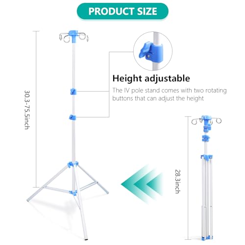 Lefeke IV Pole Portable for Traveling, Adjustable IV Stand with Hooks, Medical IV Drip Infusion Bag Holder, IV Fluids Floor Stand (White)