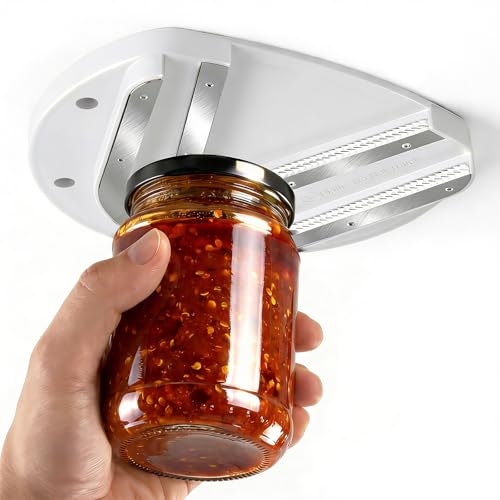 Mount-on Cabinet Jar Opener for Weak Hands,Seniors with Arthritis,Double U Shaped Grooves Grip Bottle Opener for Any Size Lid,304 Stainless Steel One-Handed Can Opener Tool for Home Assistance,White
