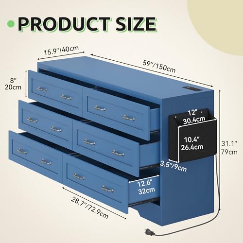 GOOBED Farmhouse 6 Drawer Dresser for Bedroom, TV Stand with Large Drawers & Bar Handles, Storage with Power Outlets, Rustic Wood Chest of Drawers, Blue