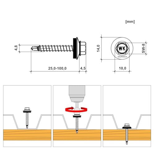 Bohrschrauben 4,8 х 25 mm 250 Stück RAL: 3011 - Braunrot - Trapezblechschrauben - 03130125