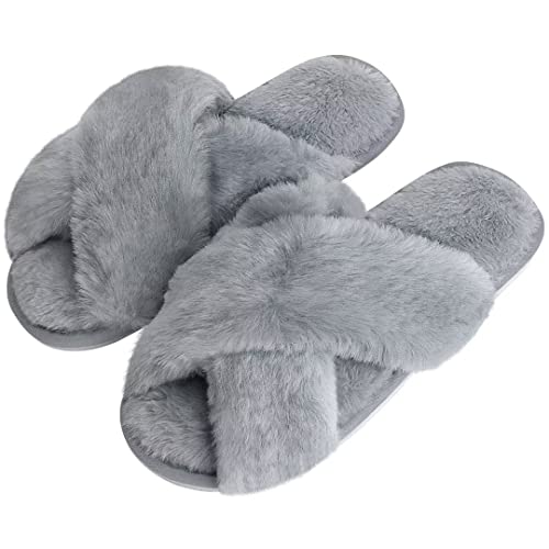 DOIOWN Women's Fuzzy Slippers Cross Band Fluffy Slippers Faux Fur Slippers Plush House Open Toe Cozy Slippers for Women(Grey, Size 5-6)