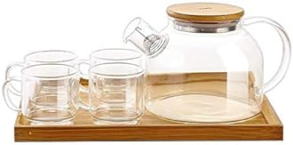 KHOLAD Glass Kettle 1 Teapot Wooden Lid with 1 Wooden Tray and 4 Tea Cup Tableware Serving Set Heat-Resistant Glass Hot Water Bottle Flower Brewed Loose Leaf Tea Filter Spout - 1000ml