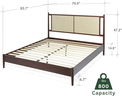 Image of Bme Oliver King Bed Frame and Headboard - 15-Inch Signature Design with Rattan Headboard, Bohemian and Mid Century Style, 12-Slat Wood Support, No Box Spring Needed - Easy Assembly, Walnut