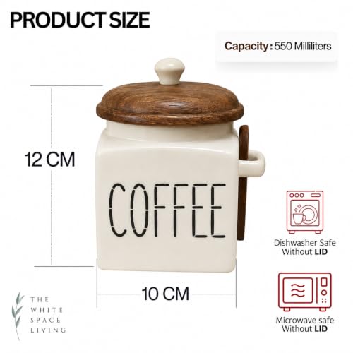 Image of Ivory Ceramic Coffee, Tea & Sugar Storage Jar Set with Wooden Lid & Spoon | Kitchen Airtight Containers (750ml each)