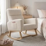 Fauteuil à Bascule en Tissu Teddy, Fauteuil d'allaitement avec Dossier Haut, Accoudoirs Rembourrés, Poches Latérales et Patins Antidérapants pour Salon, Chambre, Bureau, 69.2x78.5x87cm, Beige