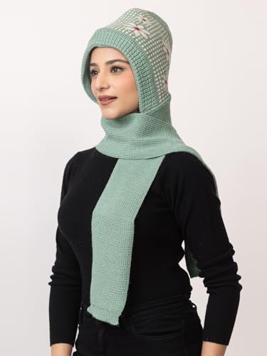 Image of AMOLDO Women's Winter Woolen Soft Warm Knitted Designer Muffler Beanie Cap with Fur | Fleece Printed Woolen Hat with Attached Scarf for Cold Weather