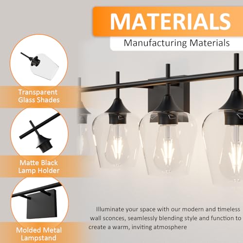 Image of Vanity Bathroom Light, 4-Light 29'' Bathroom Light Fixtures Over Mirror, Black Vanity Lights for Bathroom with Clear Glass, Modern Wall Lamp for Cabinet Hallway, Bedroom