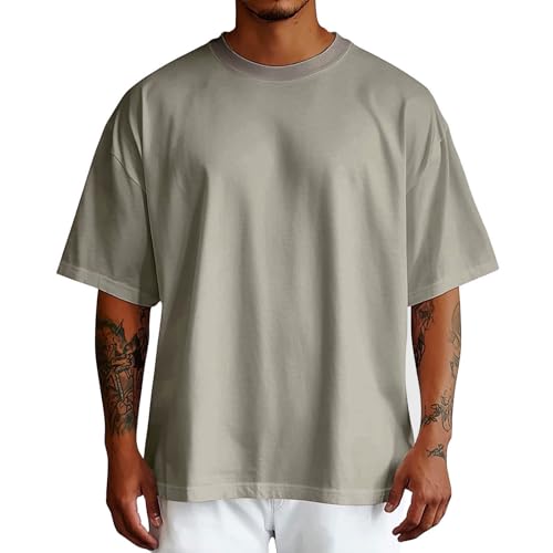 Image of Men's Pure Oversized Shirt Plain Large Size Short Sleeve Crew Neck Sleeve Top, khaki, XL