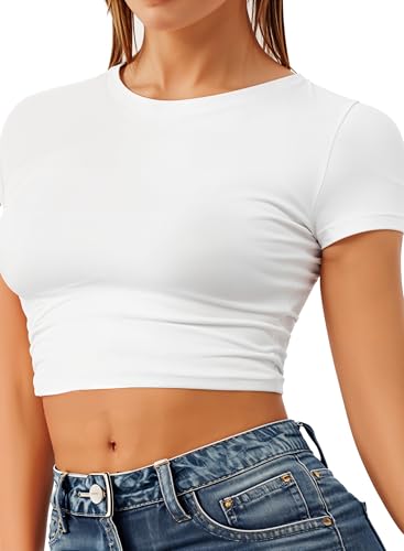 Re Tech UK - Women's Basic Ladies Short Sleeve Stretchy Crop Tops for Women, Slim Fit Crew Neck, Cropped T Shirt, Summer, Cute, Tshirt, Sizes 8-14 (M/L 12-14, White)