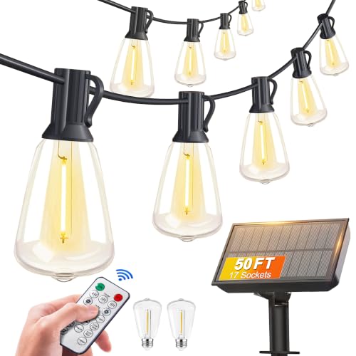 BLIATLUS 50FT Solar String Lights Outdoor Remote 17 Shatterproof LED Bulbs