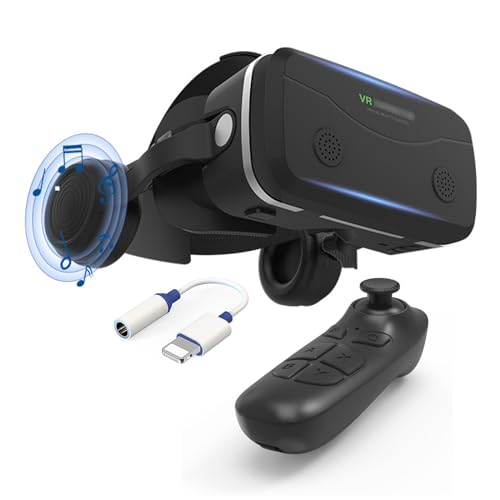 VR Casque Lunettes avec Écouteurs et Manettes, Casque de Réalité Virtuelle Glasses VR Lunettes pour Films 3D Jeux Vidéo Compatible avec Smartphones iPhone Android de 4,7 à 7,2 Pouces pour Adolescents