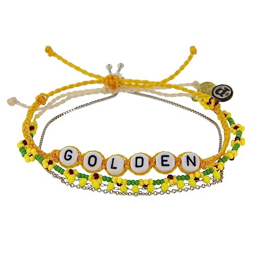 Pura Vida Bracelets Pack Golden Flower Rosary Bracelet Stack - Set of 3 Stackable Bracelets for Women, Summer Accessories & Cute Bracelets - 2 String Bracelets & 1 Chain Bracelet