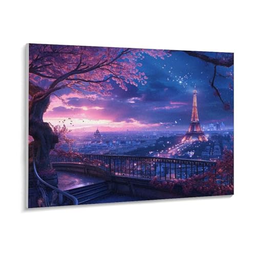 桜の木の前にあるエッフェル塔 数字キットによる絵画 数字油絵 夢のような光景 魅力的な都市景観 数字キット塗り絵 手塗り DIY絵 デジタル油絵 ホーム オフィス装飾 (40×50cm, フレーム付き)