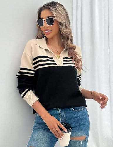 CiCiBird Women Fall V Neck Sweater Color Block Polo Long Sleeve Shirt Casual Loose Striped Pullover Sweaters4