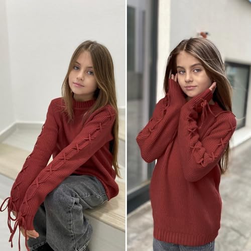 Image of Curipeer Girls Pullover Sweaters, Lace-up Long Sleeve Crewneck | Soft Warm Classic Cable Knit, Winter Fall Spring Daily Wear, Little Kids Tween Girl