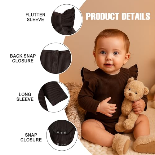 ROMPERINBOX Baby Girl Bodysuit 2 Pack, Long Sleeve Ribbed Knitted Onsies Ruffle Collar and Flutter Sleeve Fall Winter Clothes3