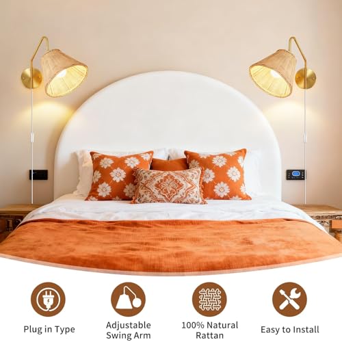 Image of Rattan Plug in Wall Sconces Set of 2, Boho Swing Arm Plug in Sconce, Hand Woven Wicker Wall Lamps for Bedroom, Gold Wall Sconces with UL Certified Cord, Wrapped Rattan Sconce for Living Room