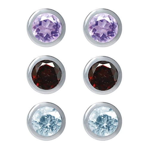 Silvershake 3 Pair 3mm Extra Petite Natural Amethyst Garnet and Blue Topaz 925 Sterling Silver Stud Earrings Set
