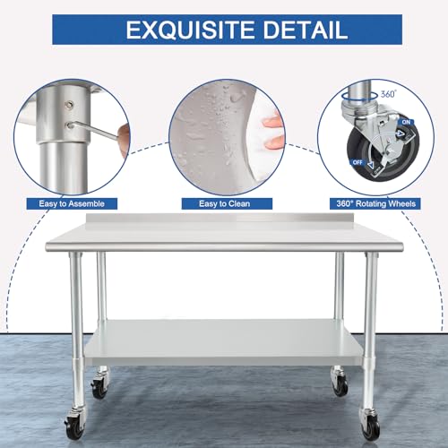 Image of HARDURA Stainless Steel Table 30 x 48 Inches with Wheels Casters NSF Heavy Duty Commercial Prep Table with 2 inch Backsplash and Adjustable Undershelf for Restaurant Kitchen Home and Hotel