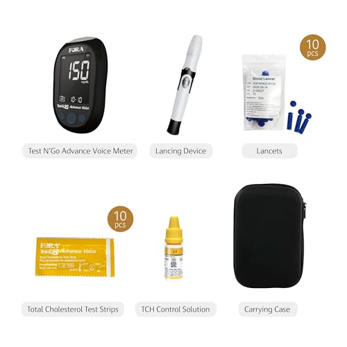 FORA Test N’GO Advance Voice Cholesterol Kit – 10 Total Cholesterol Strips + 10 Lancets | Bluetooth Meter (Optional App Sync) & Voice Guidance - Thumbnail 2