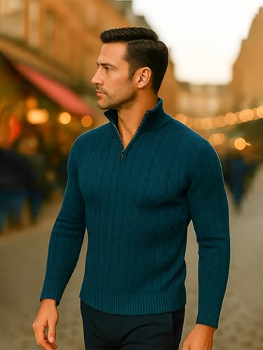 Image of TYSORT Men High Neck Zipper Full Sleeve Cable Knitted Winter Sweater,Cable Knit Sweater for Men