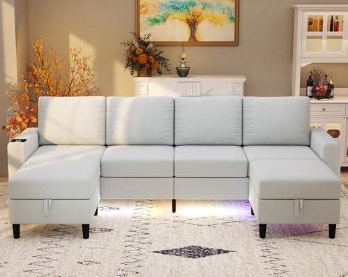 ZSDT 6 Seat Linen Sectional Sofa, Smart U Shaped Couch, White