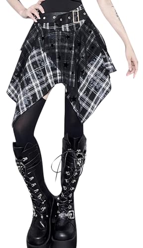 Ausing Mini Jupe Ecossaise Gothique Femme Jupe Courte à Carreaux Patineuse Tennis Kilt Jupes Évasée Plissée Tulle Taille Haute Élastiqué Jupes Tartan Dentelle A Line Basique Fille Vintage Rétro Noir M