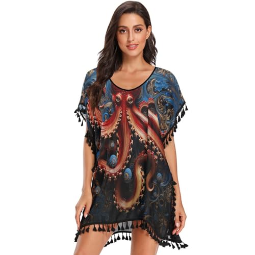 Octopus Red King Women's Beach Cover Up Chiffon Tassel Swimwear Swimsuit Coverups for Girl