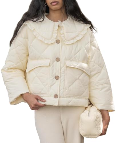 Womens Quilted Puffer Jacket Frilly Peter Pan Collar Button Lightweight Cream Cute Fall Coat with Pockets