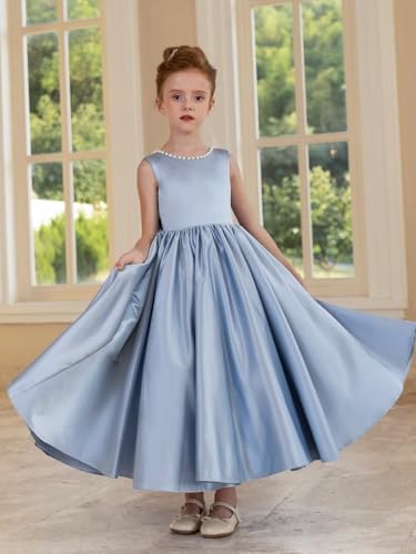JISISANG Bow-Knot Wedding Party Flower Girl Satin Dress with Pearls Girls V-Back First Communion Formal Evening Dress3