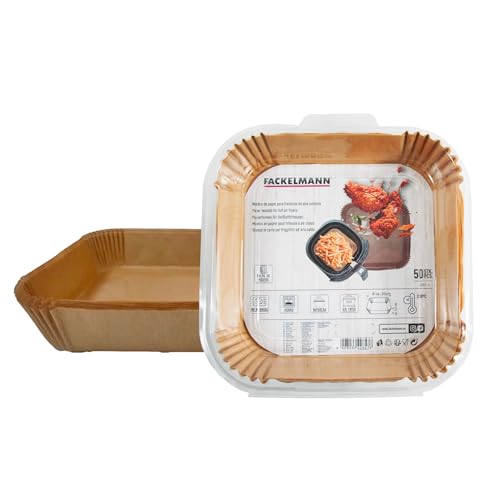Fackelmann 42857 Moule en papier pour air fryer, moule air fryer, Moule pour friteuse à air chaud, Moule pour friteuse sans huile, papier air fryer, 50 pièces, carré, antiadhésif, Papier, 20 x 20 cm
