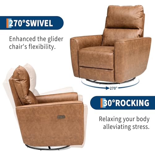 Image of GarveeHome Power Recliner Chair, 270 Swivel Rocking Glider with USB Charging Port, PU Leather Upholstered Fabric, Ergonomic Modern Nursery Chair for Living Room, Bedroom, Nursery (Brown)
