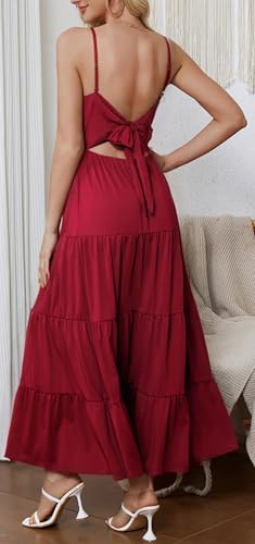 Image of Women's Summer Flowy Tiered Maxi Dress Elegant Spaghetti Strap with Ruffled Skirt Beach Vacations Parties