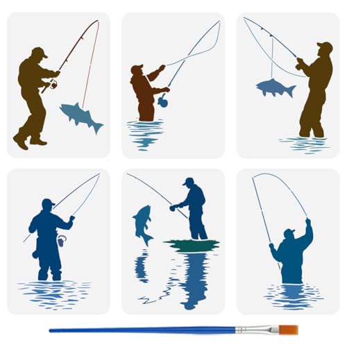 FINGERINSPIRE 6 Pochoir de Peinture de Pêcheur Avec Pinceau 21X29.7cm Tige Poisson Eau Dessin Modèle Thème de Pêche DIY Art Décoration Pochoir pour Peinture sur Bois Mur Tissu Meubles