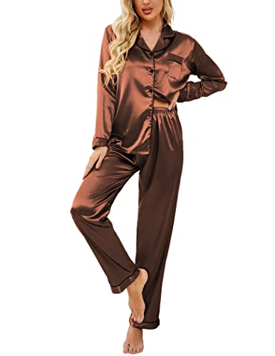 Image of Ekouaer Women's Classic Button Down Long Satin Silk Pajama Set