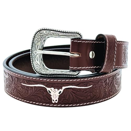 Western Leather Belt Tooled with Engraved Buckle – Cowboy & Cowgirl Rodeo Style